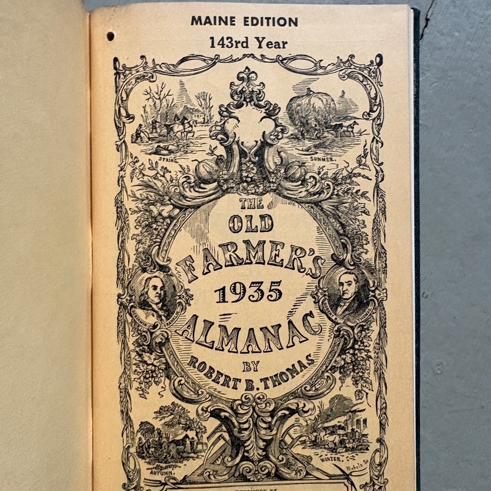 1935 Maine Old Farmer's Almanac Weather Agriculture Inscribed Augusta Portland